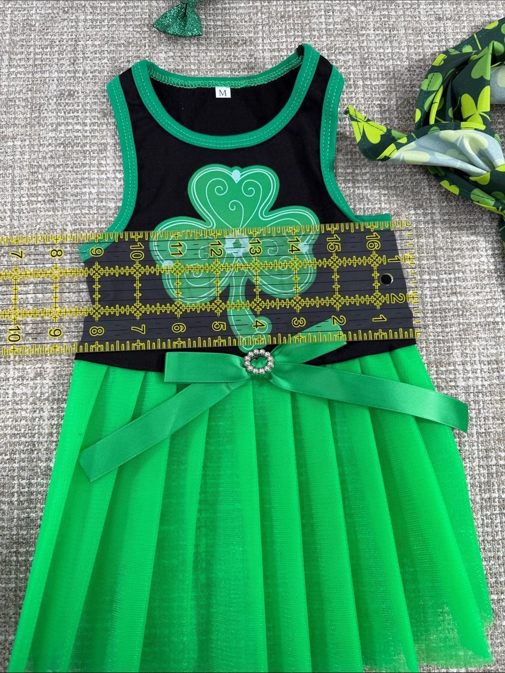 Green Shamrock Tutu Dress Costume with Headscarf -dogs medium